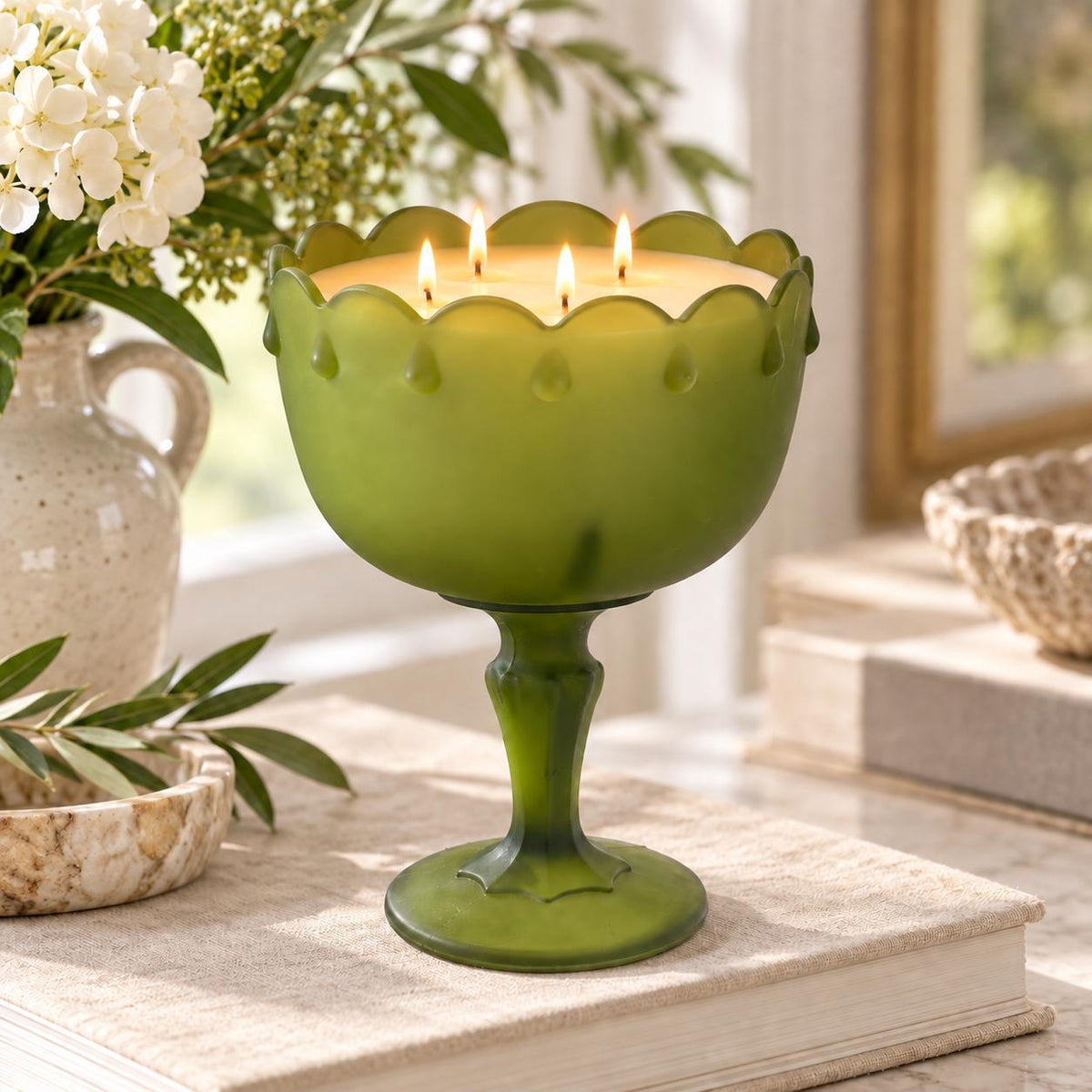 Vintage Green Glass Candle, Indiana Glass Compote, Christmas Candle Gift