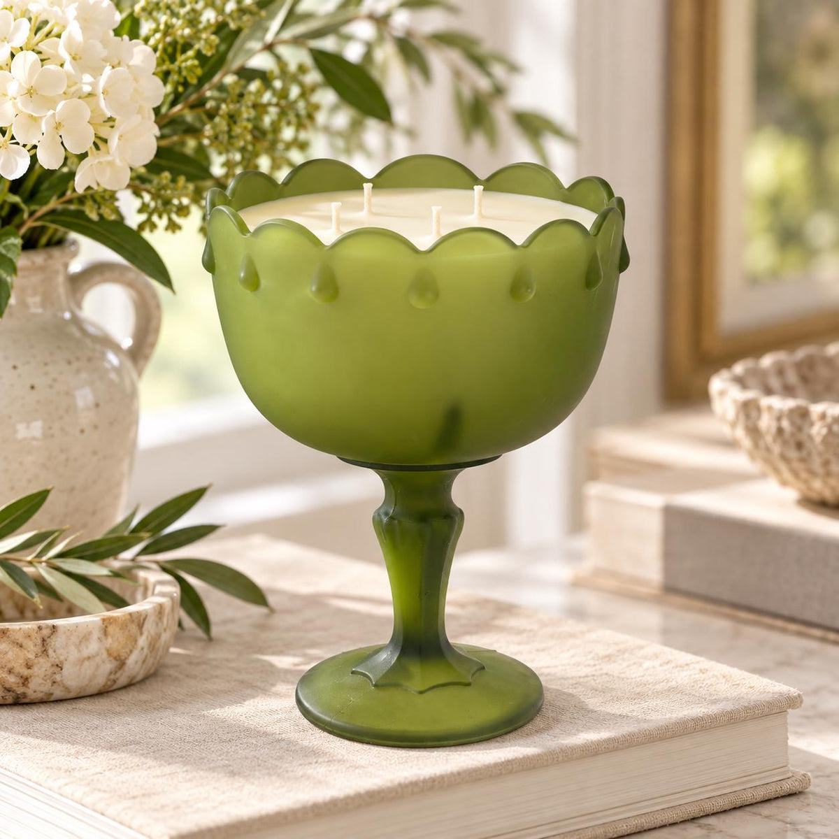 Vintage Green Glass Candle, Indiana Glass Compote, Christmas Candle Gift