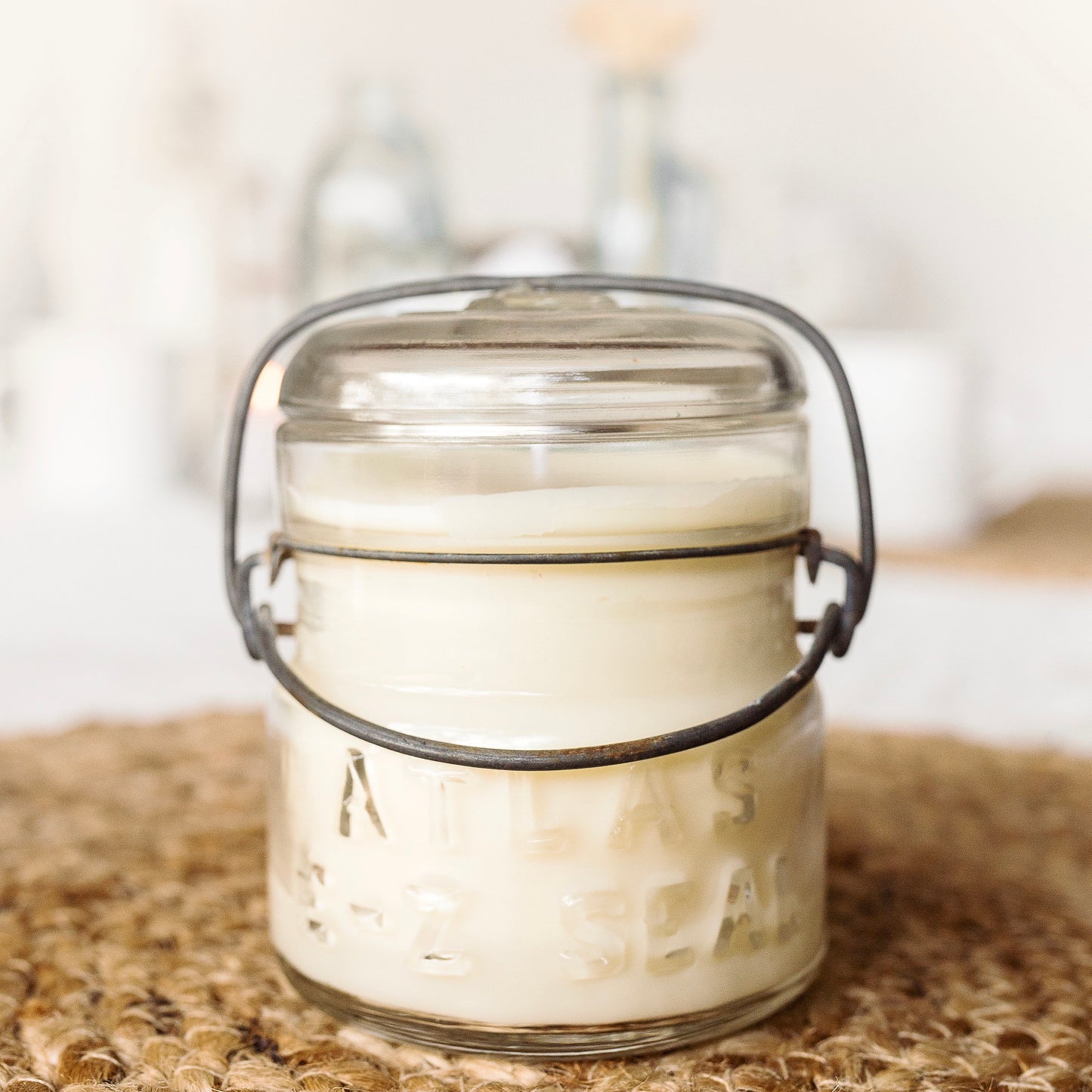 Scented Candle in Vintage Clear Half-Pint Atlas Mason Jar