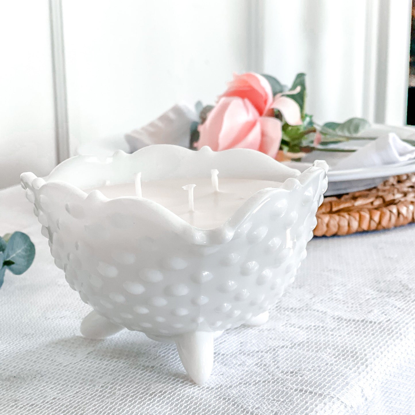 Scented Candle in Vintage Milk Glass Bowl