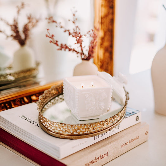 Scented Candle in Vintage Milk Glass Puff Box