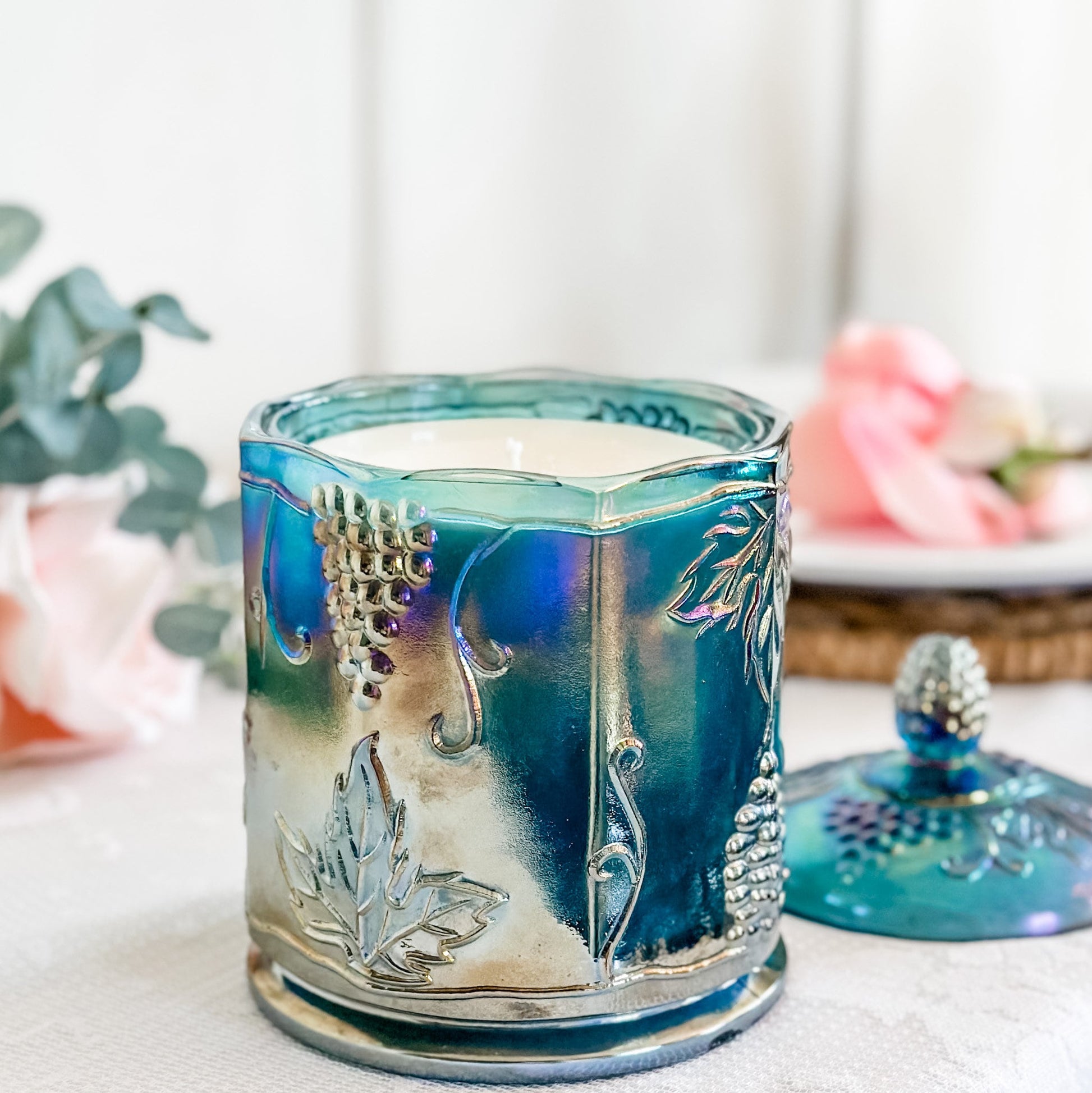 Customizable Vintage Candle in Carnival Glass Candy Jar