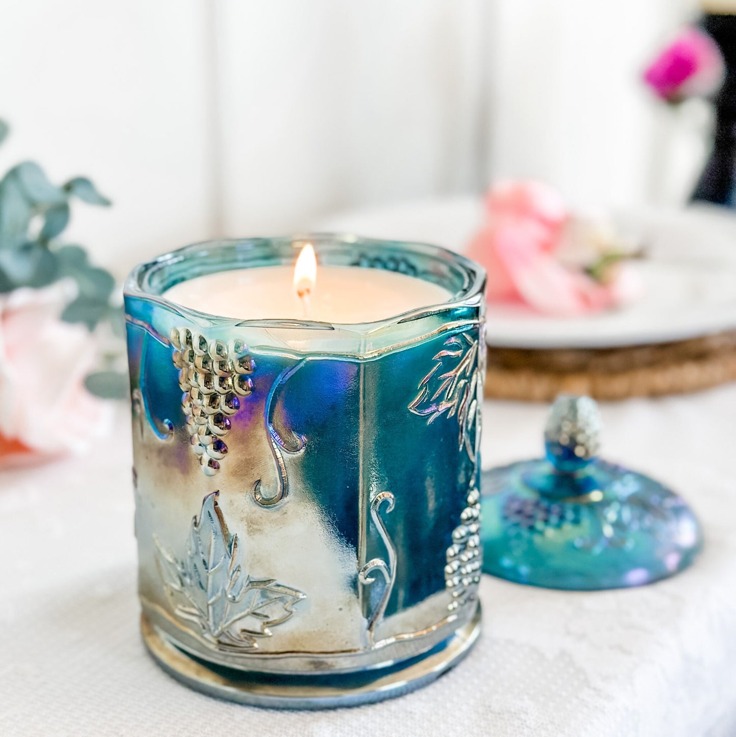 Customizable Vintage Candle in Carnival Glass Candy Jar