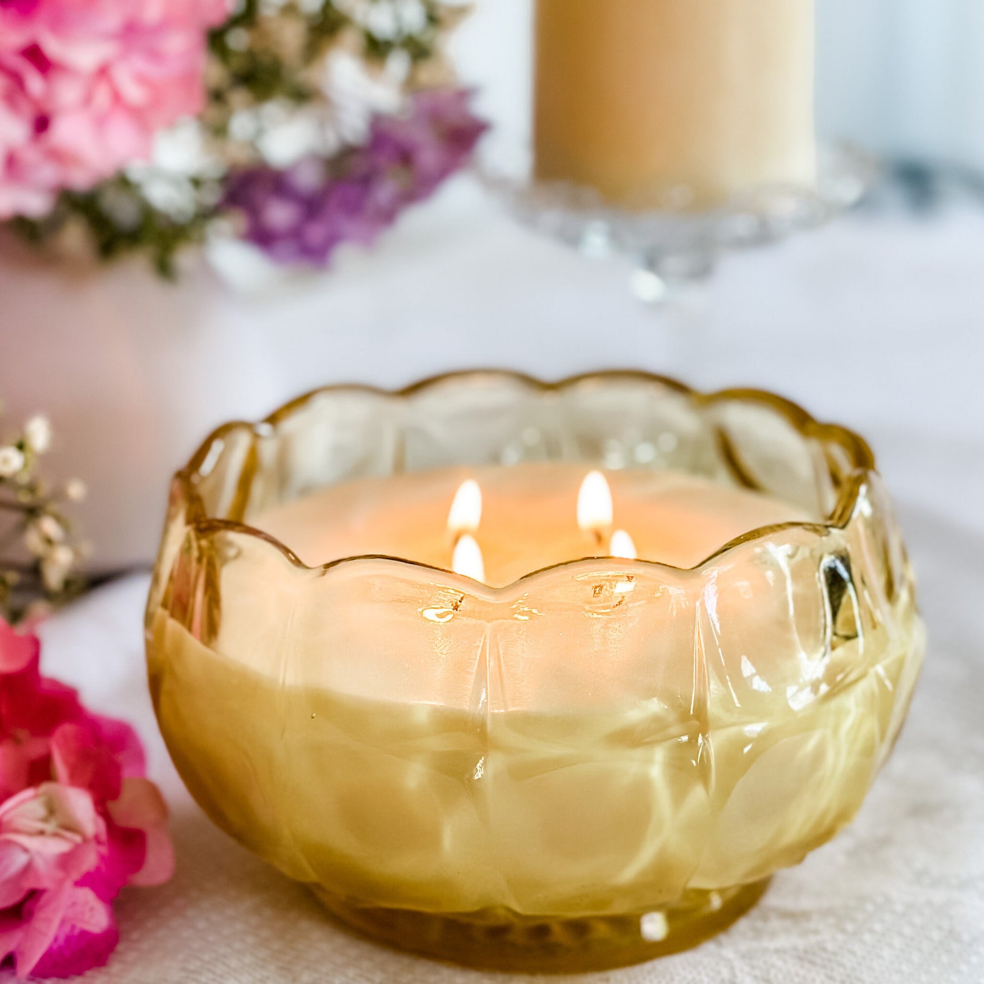 Vintage Indiana Glass Candle: Gardenia Tuberose in Yellow Mist Constellation Bowl