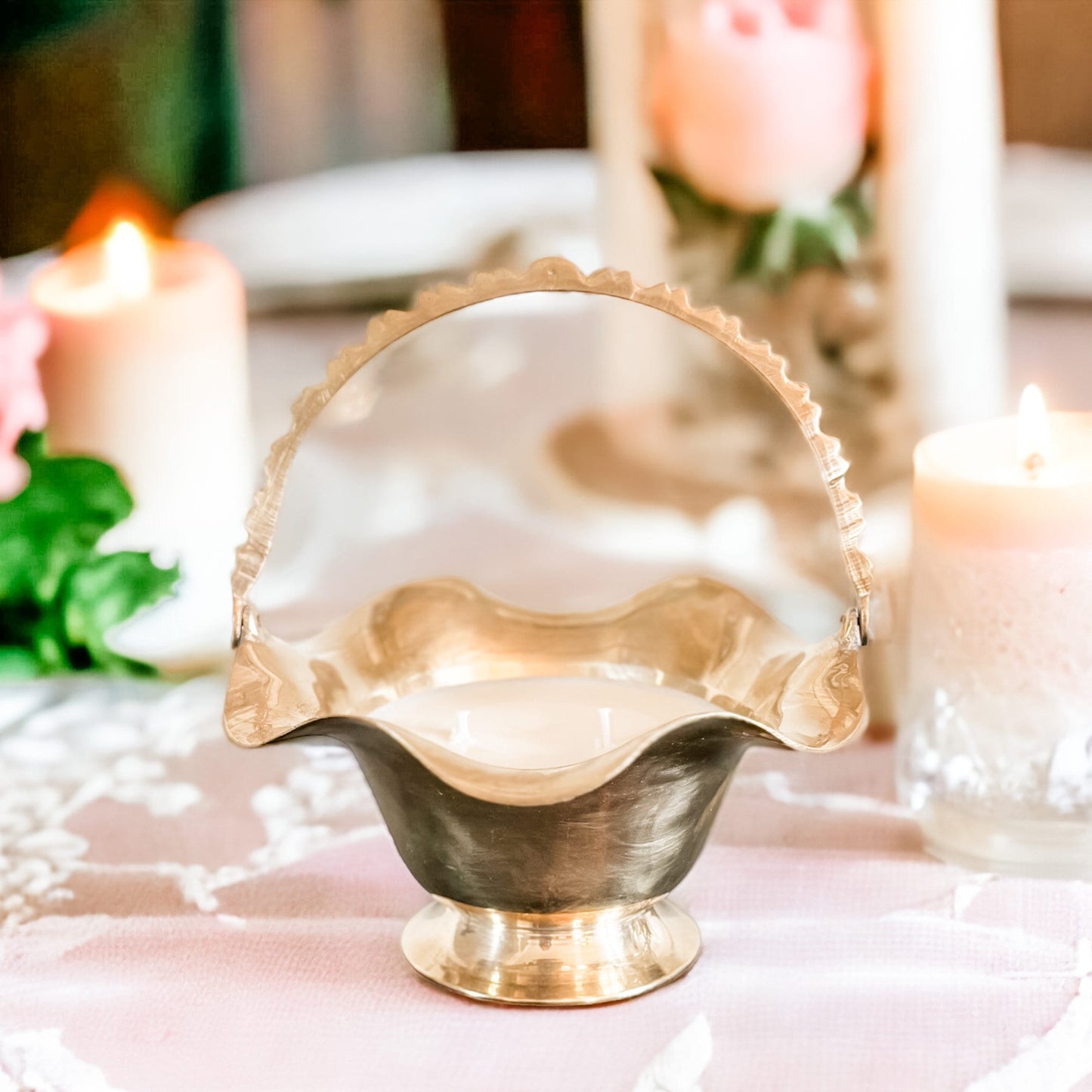 Lily of the Valley Scented Soy Candle in Vintage Brass Basket