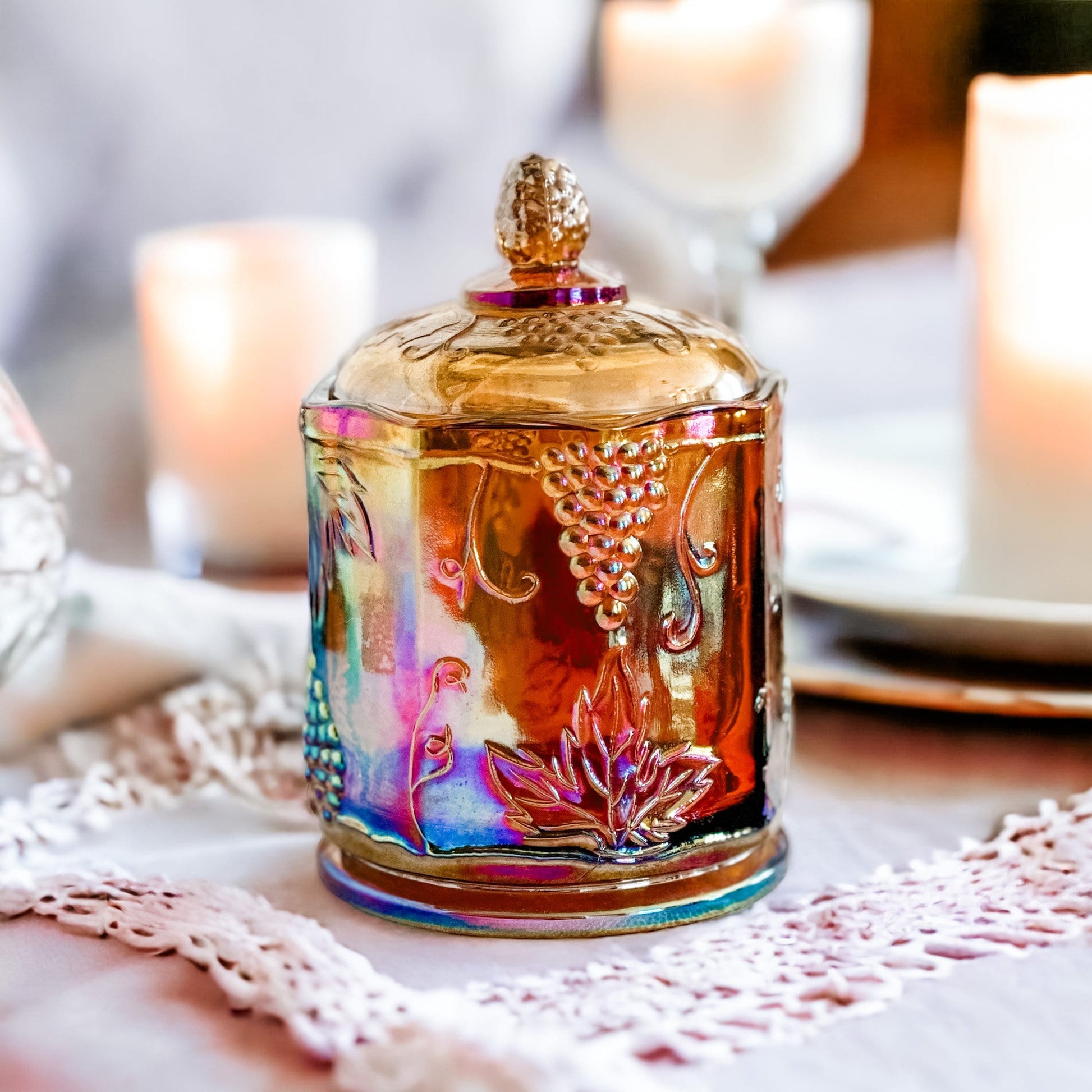 Amber Carnival Glass Candy Jar with Customizable Vintage Candle