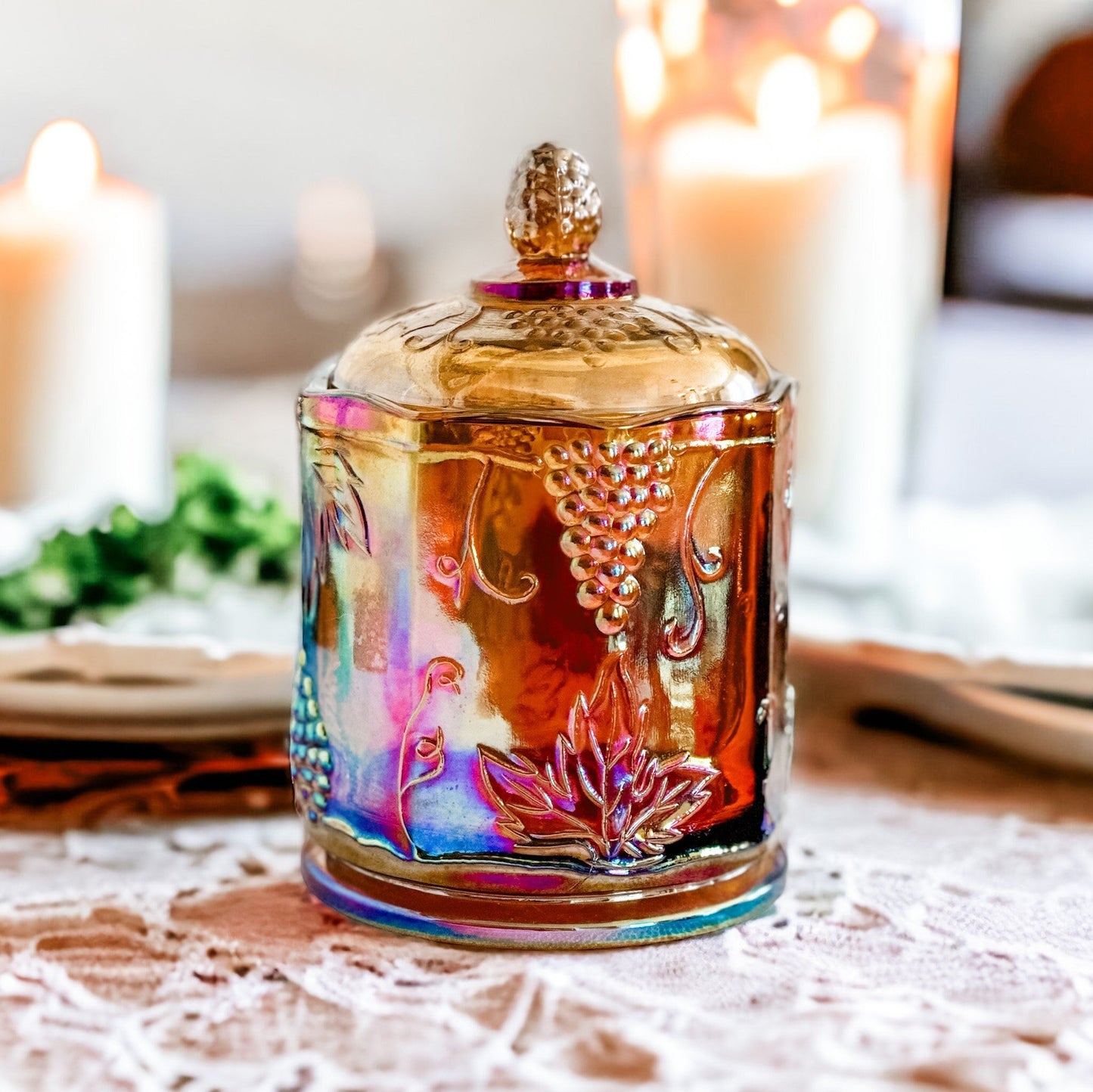 Amber Carnival Glass Candy Jar with Customizable Vintage Candle