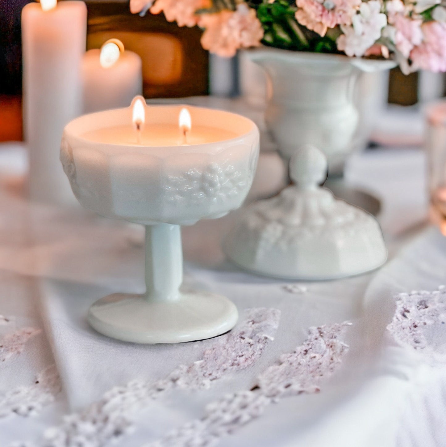 Soy Candle in Milk Glass Compote