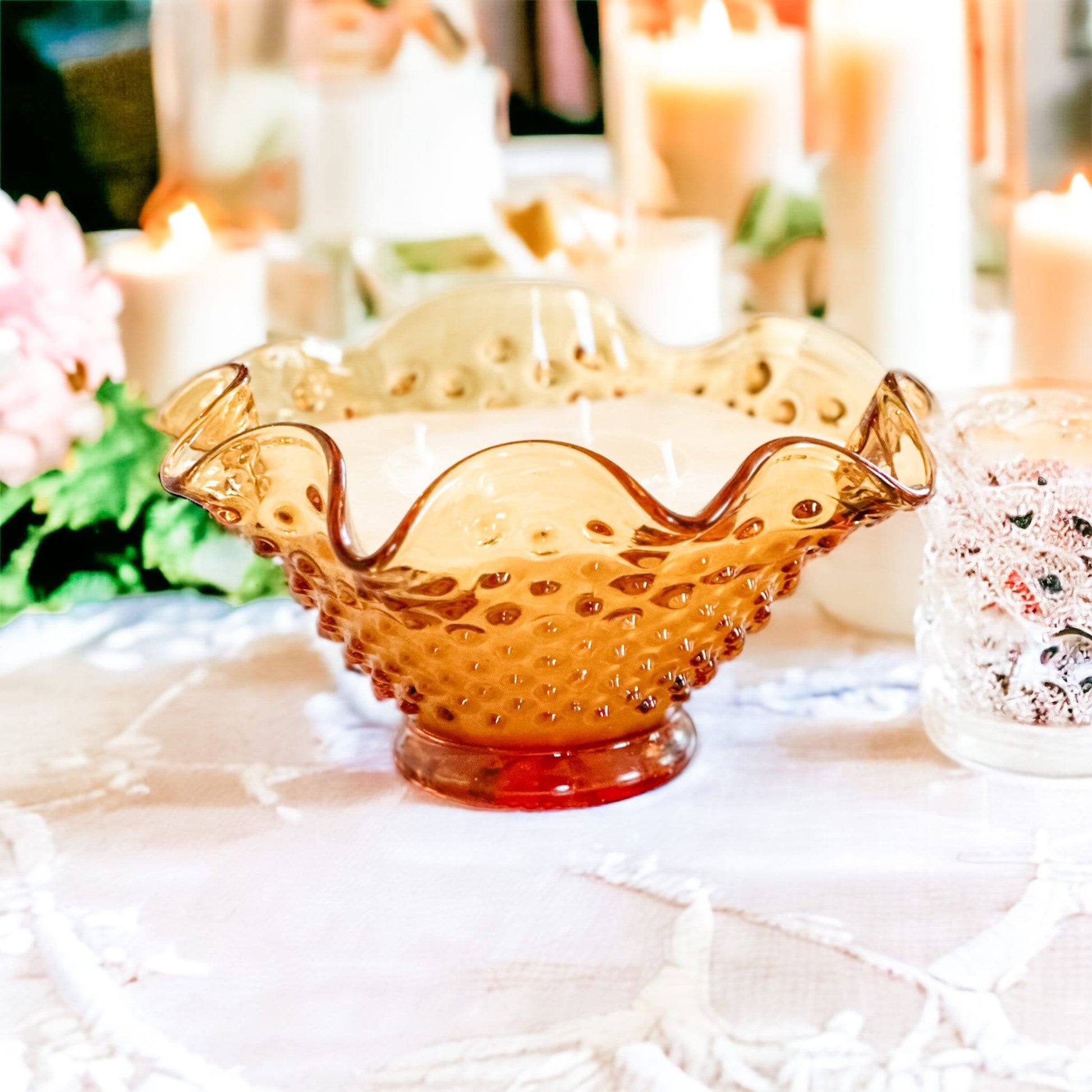 Scented Candle in Amber Hobnail Bowl