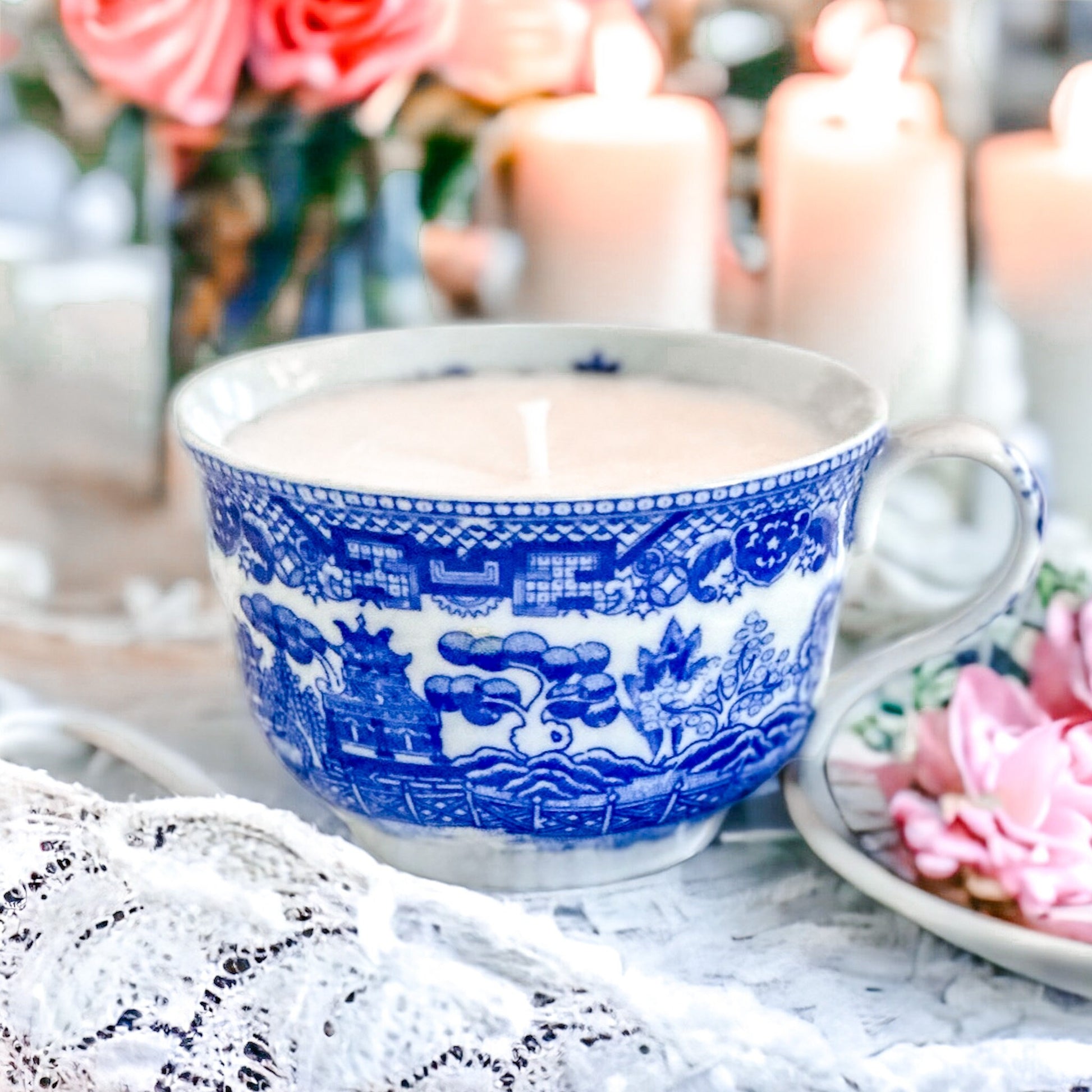 Vintage Blue Willow Teacup Candle