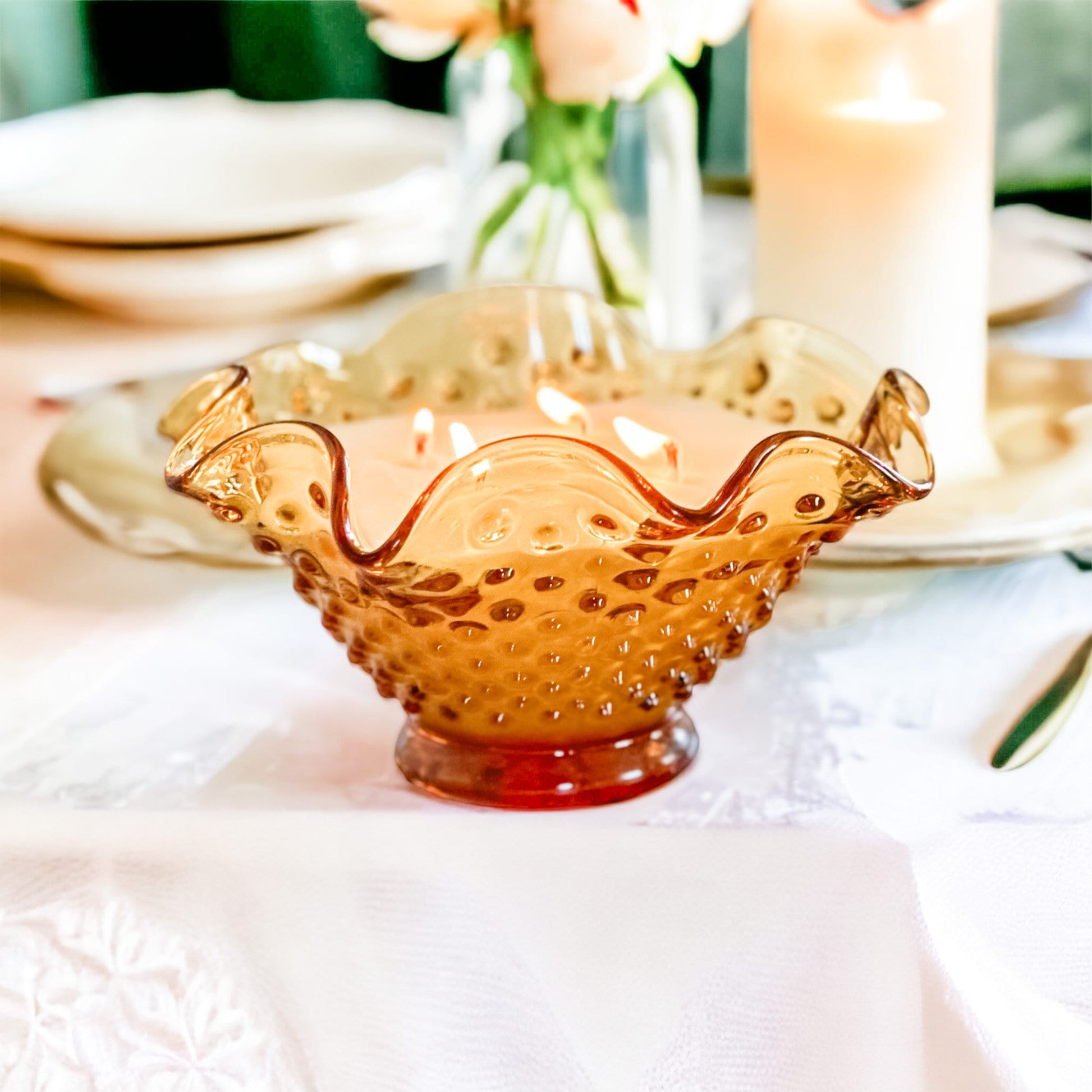 Scented Candle in Amber Hobnail Bowl