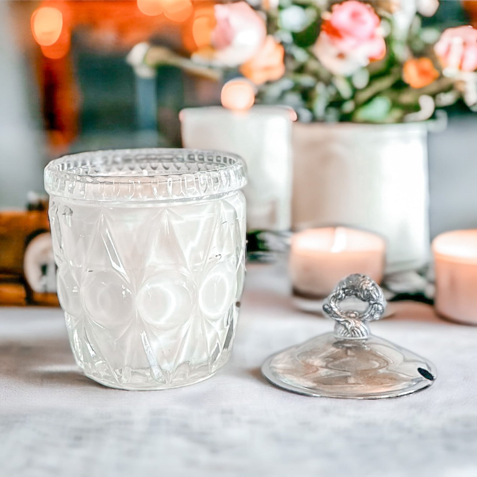 Gardenia Tuberose Candle in Vintage Glass Sugar Dish with Silver Lid
