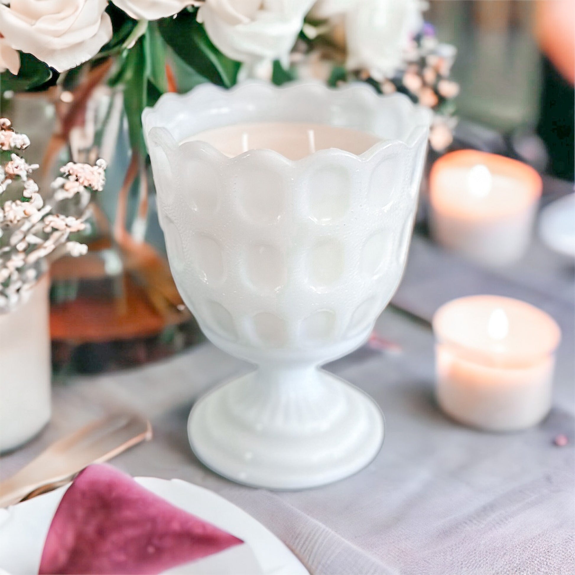Soy Wax Candle in Vintage Milk Glass Vase