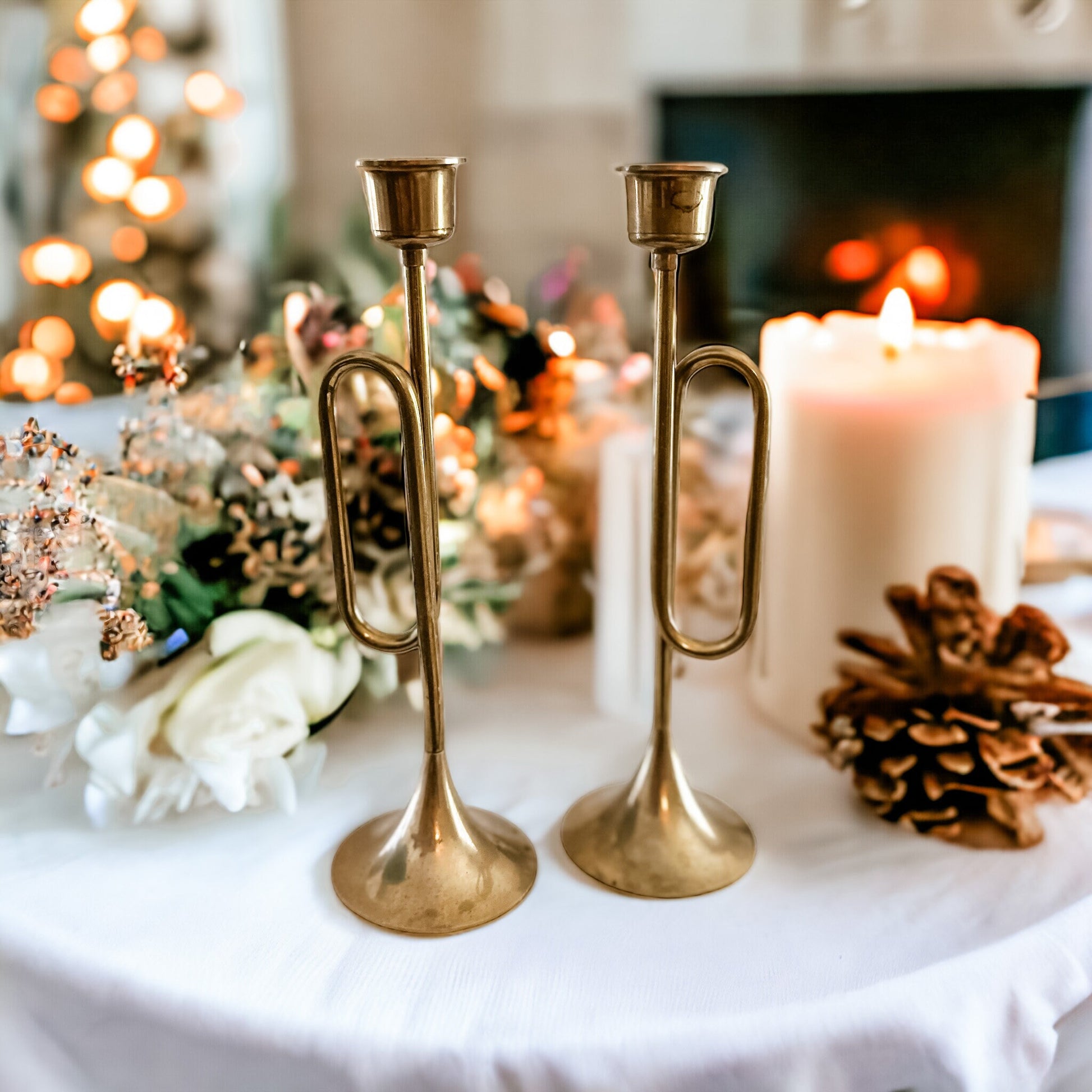 Vintage Brass Trumpet-Shaped Candle Holders | Mid-Century Decor