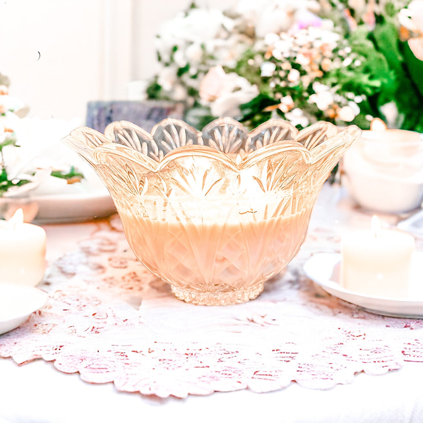 Gardenia Tuberose Candle in Vintage Crystal Bowl | Elegant Home Decor