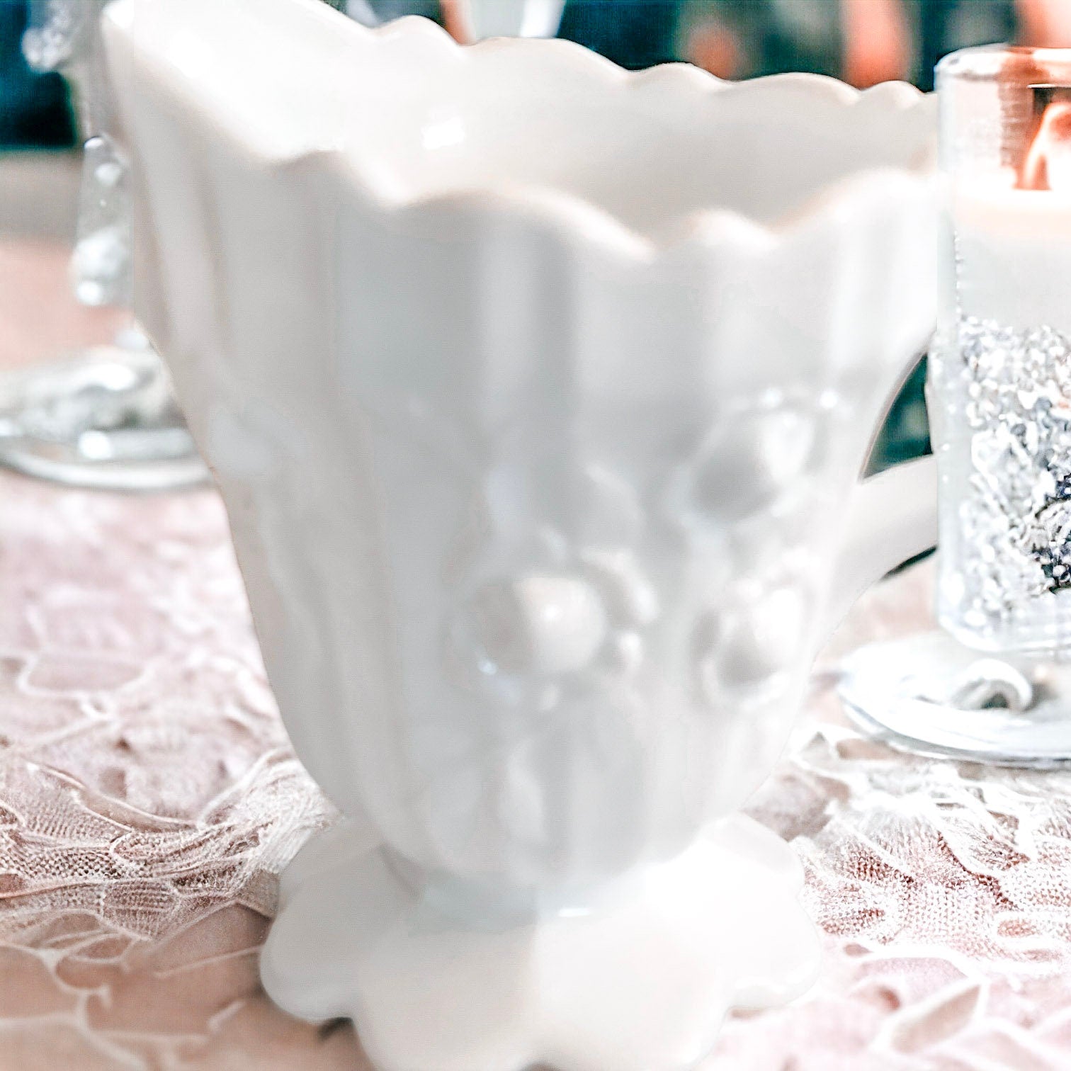 Vintage Rose Petals Soy Candles | Milk Glass Sugar & Creamer Set
