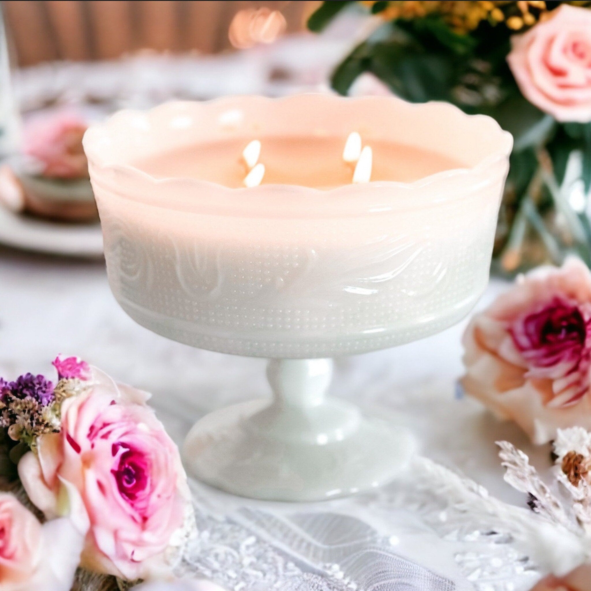 Milk Glass Set Candy Dish Two Candle holders and on sale pink candles Perfect shape