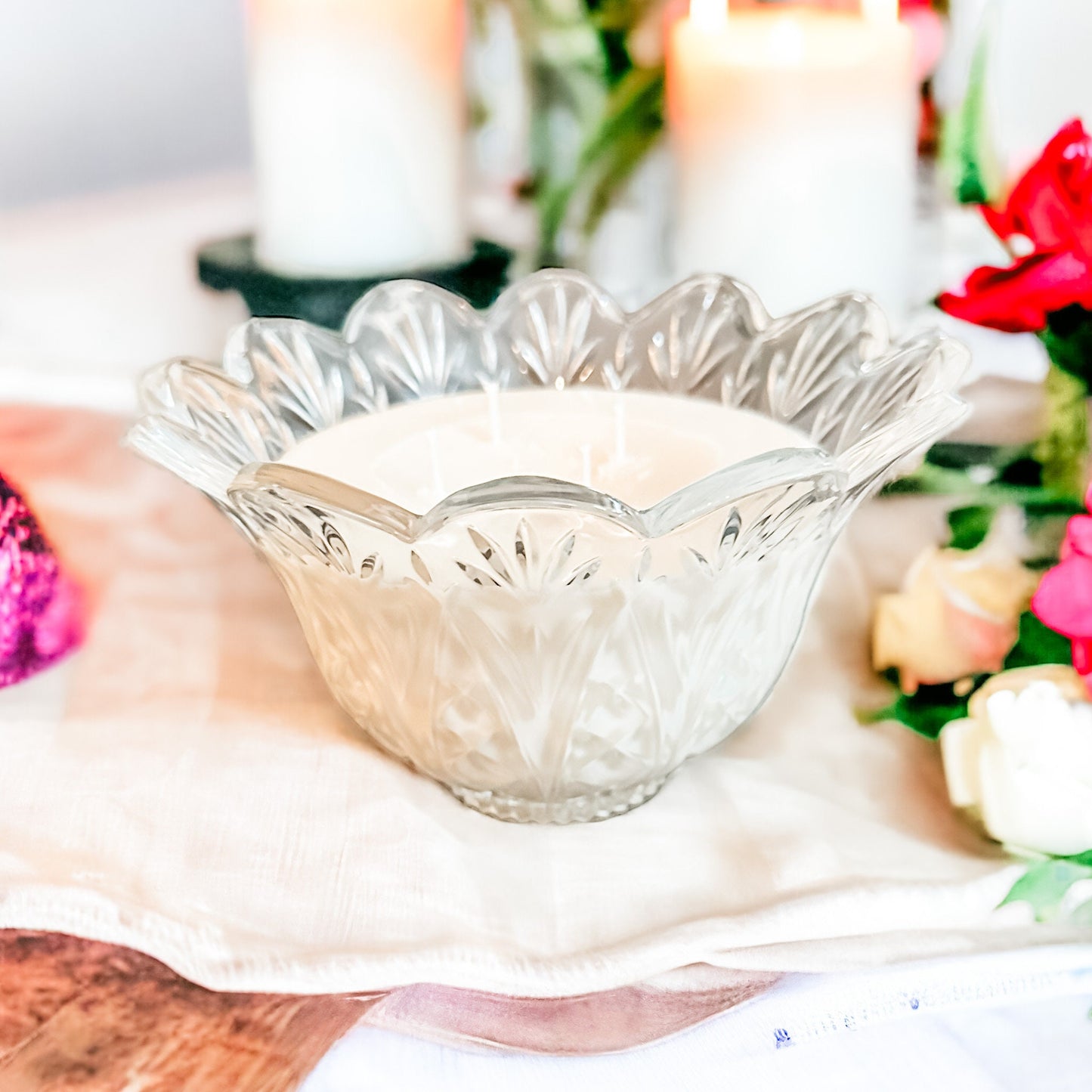 Gardenia Tuberose Candle in Vintage Crystal Bowl | Elegant Home Decor